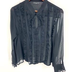 Apostrophe ruffle front sheer long sleeve blouse
